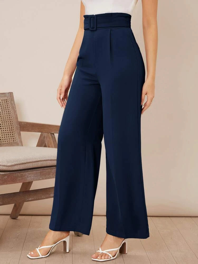 Wide Leg Belt Attached High Waist Pants