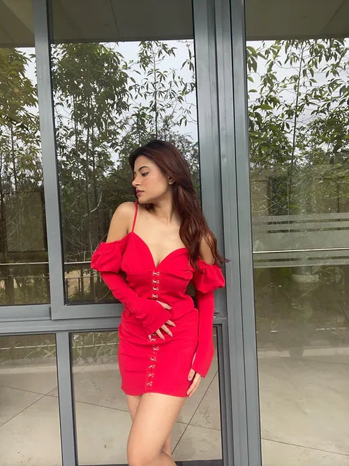 Hot Red Corset Look Off-Shoulder Short Dress