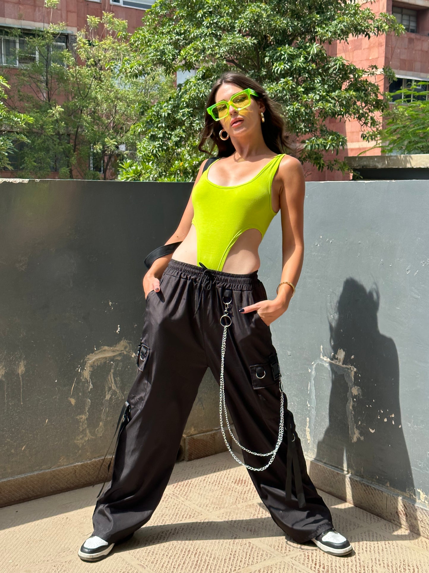 Combo Deal: Neon Green Bodysuit With Chain Cargo Pants