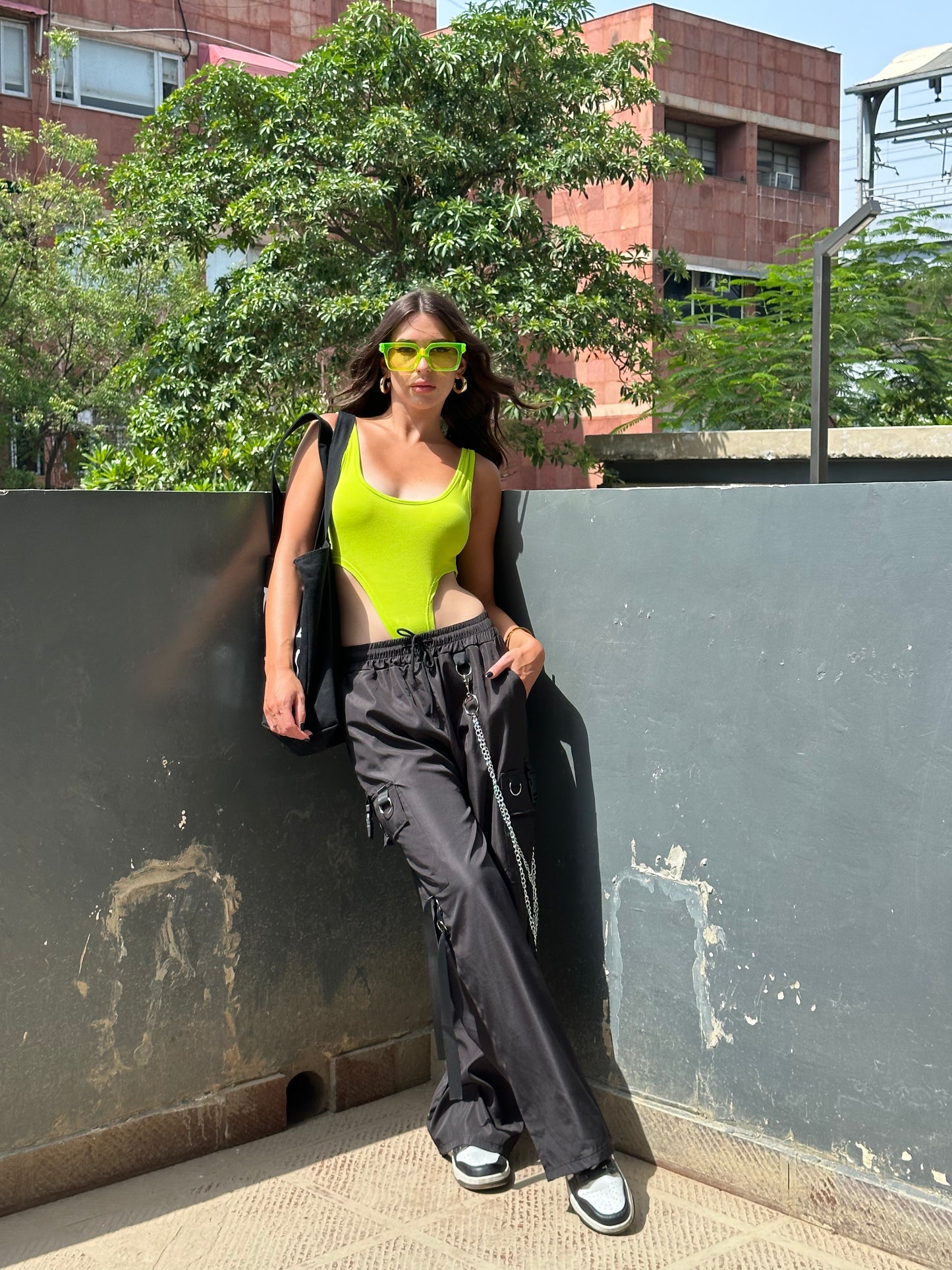 Combo Deal: Neon Green Bodysuit With Chain Cargo Pants