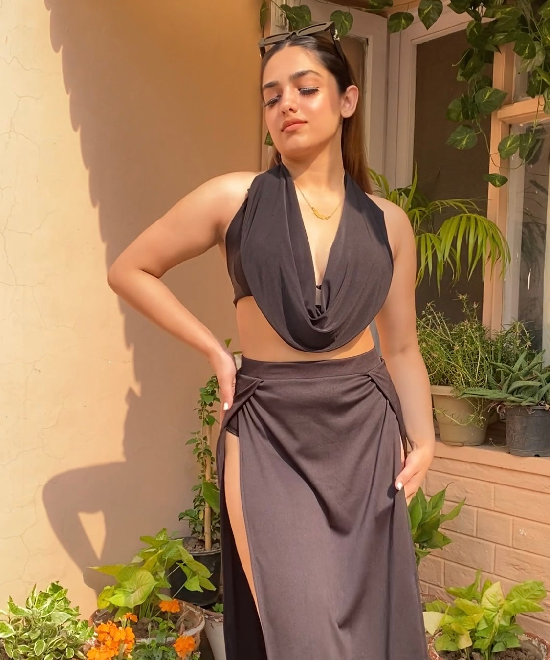 Combo Deal: Padded Cowl Neck Top With High Slit Skirt