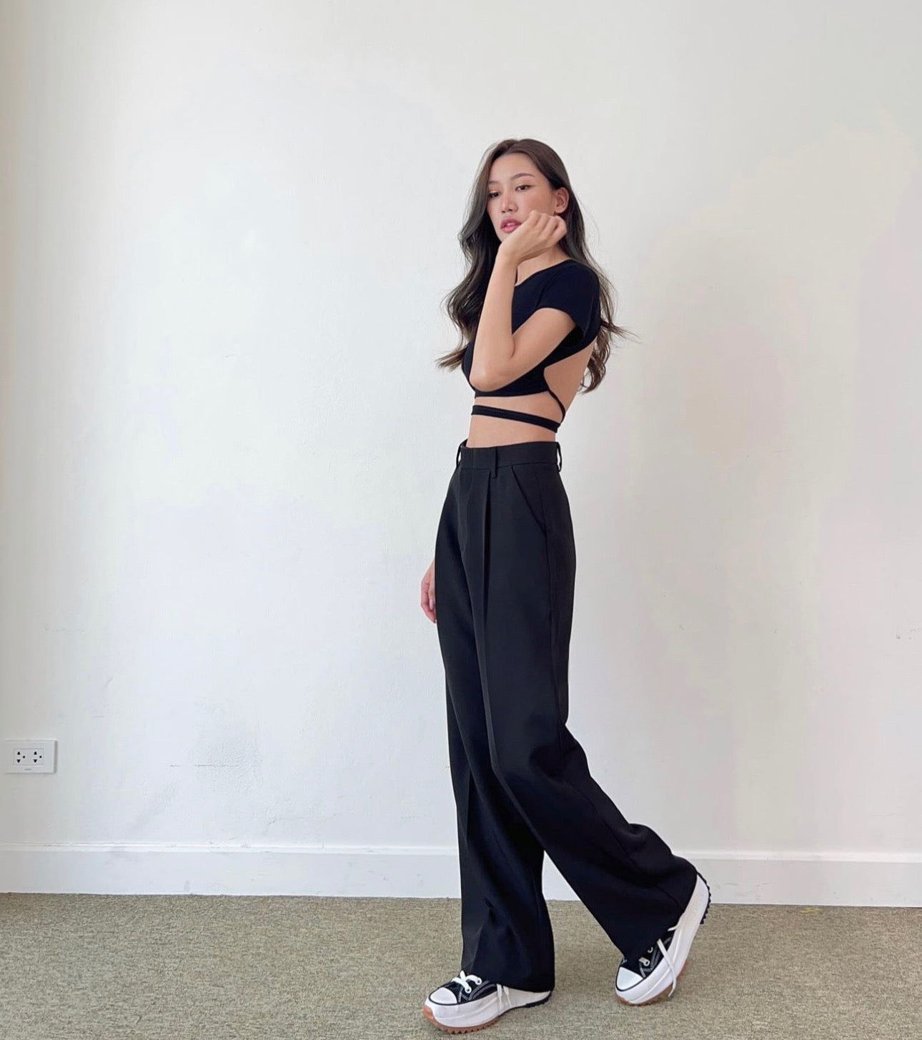Combo Deal: Backless Crop Tee With High Waist Pants