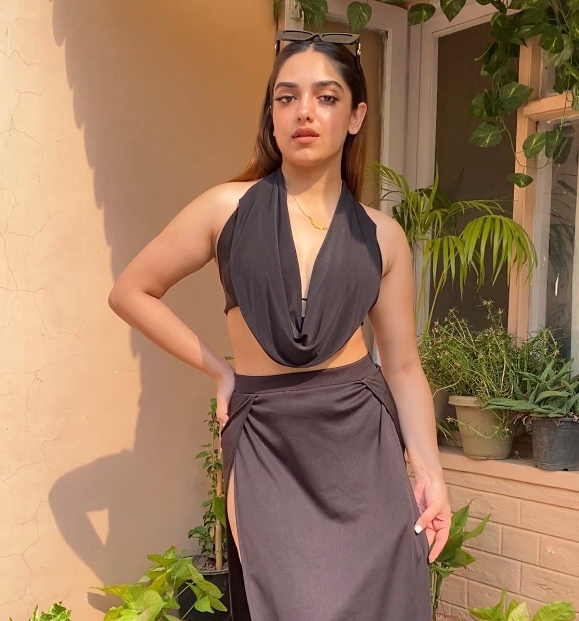Combo Deal: Padded Cowl Neck Top With High Slit Skirt