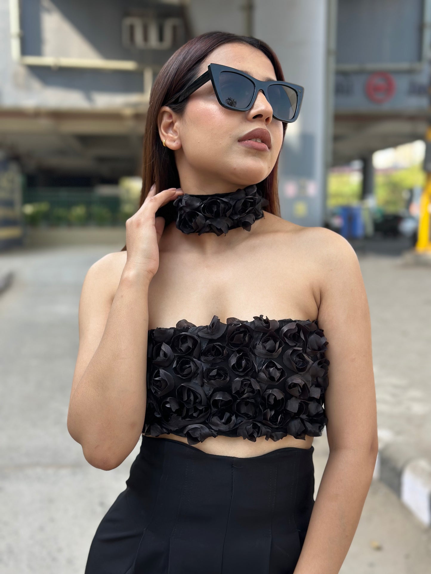 Black Rose Tube Bustier With Scarf