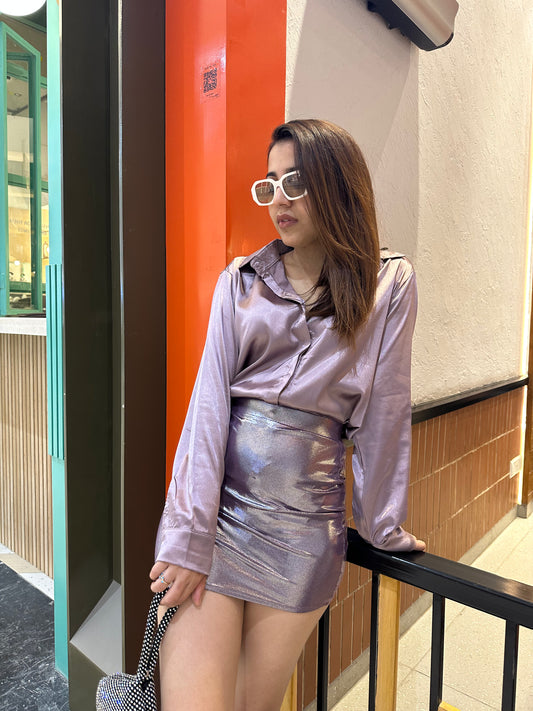 Bling Satin Shirt With Metallic Body Fit Mini Skirt