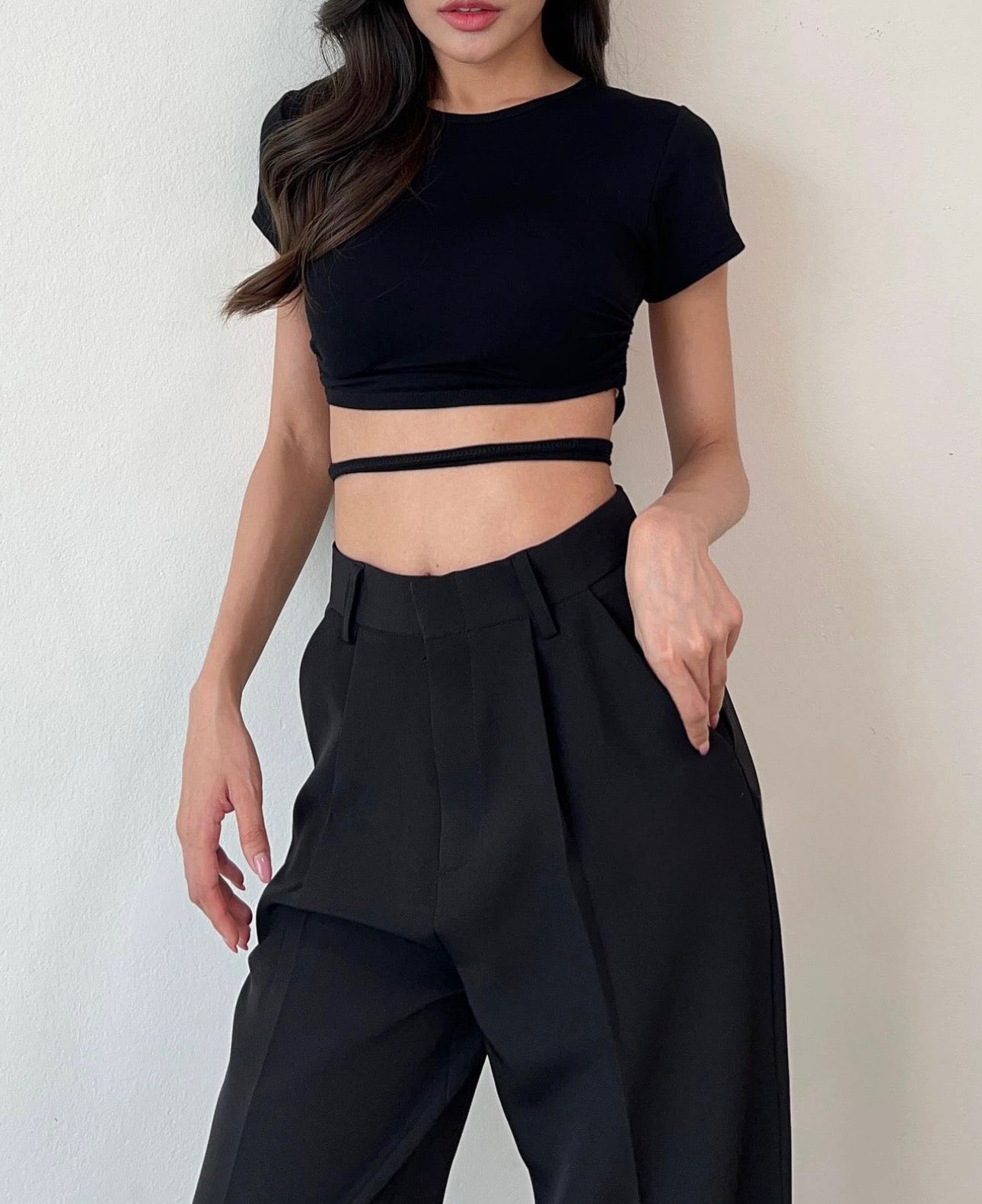 Combo Deal: Backless Crop Tee With High Waist Pants