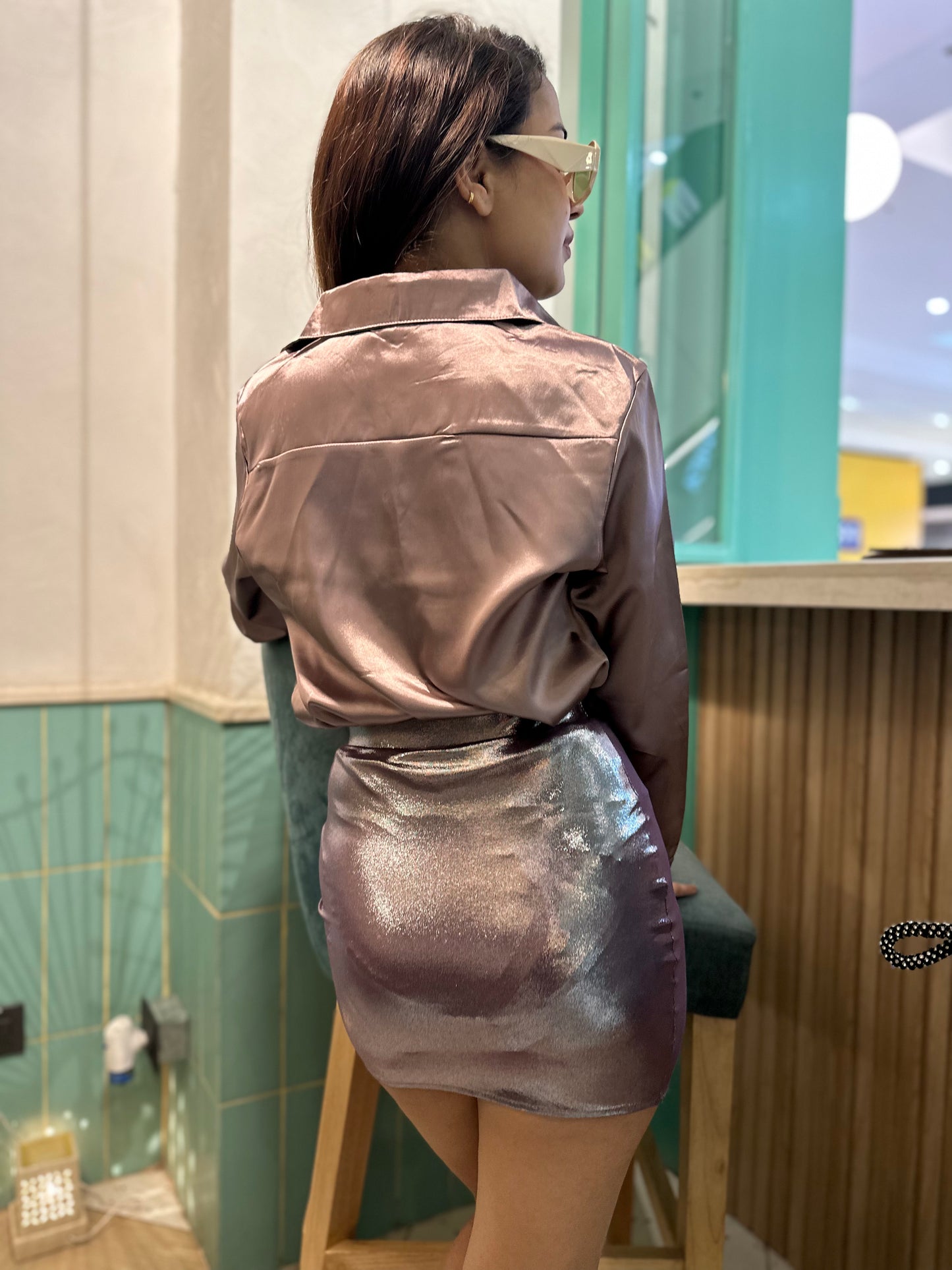 Bling Satin Shirt With Metallic Body Fit Mini Skirt