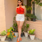 Combo Deal: Orange Rose Halter Neck Top With White Shorts