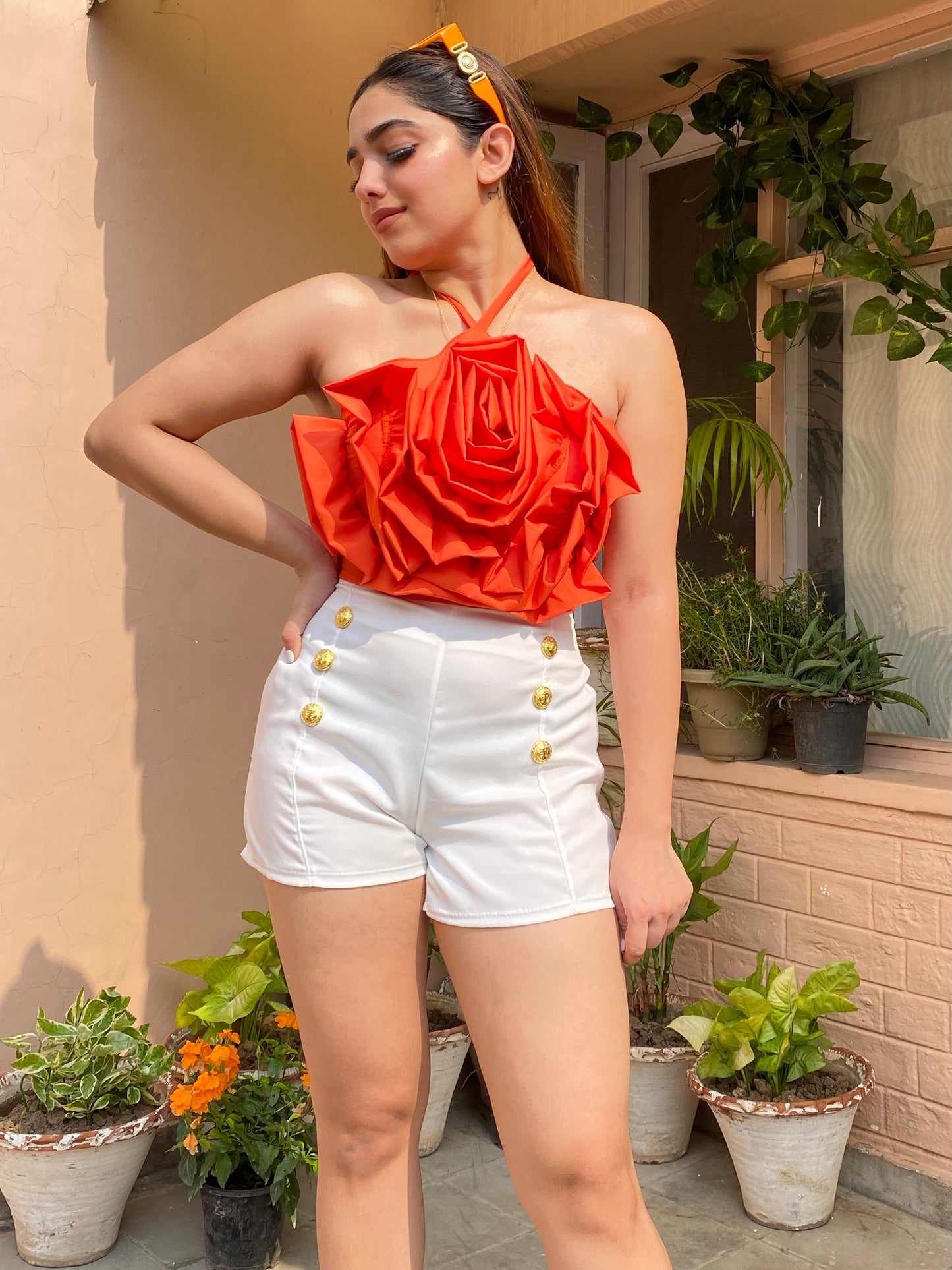 Combo Deal: Orange Rose Halter Neck Top With White Shorts