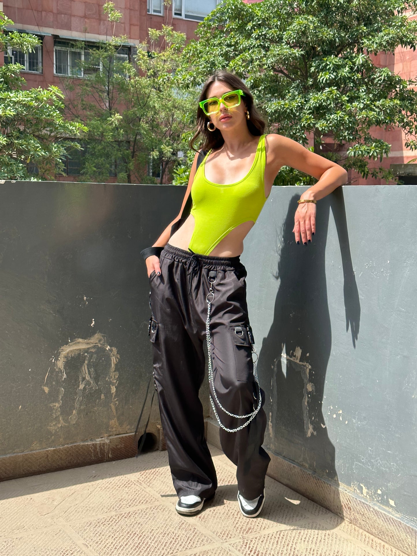 Combo Deal: Neon Green Bodysuit With Chain Cargo Pants