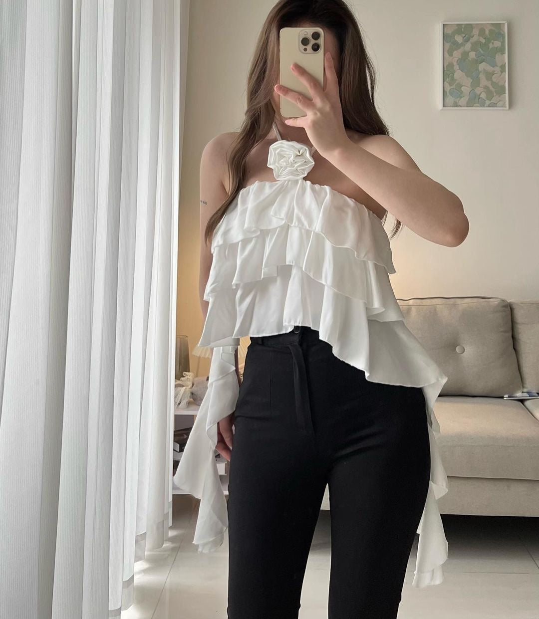 Halter Neck Frill Asymmetrical Flower Top