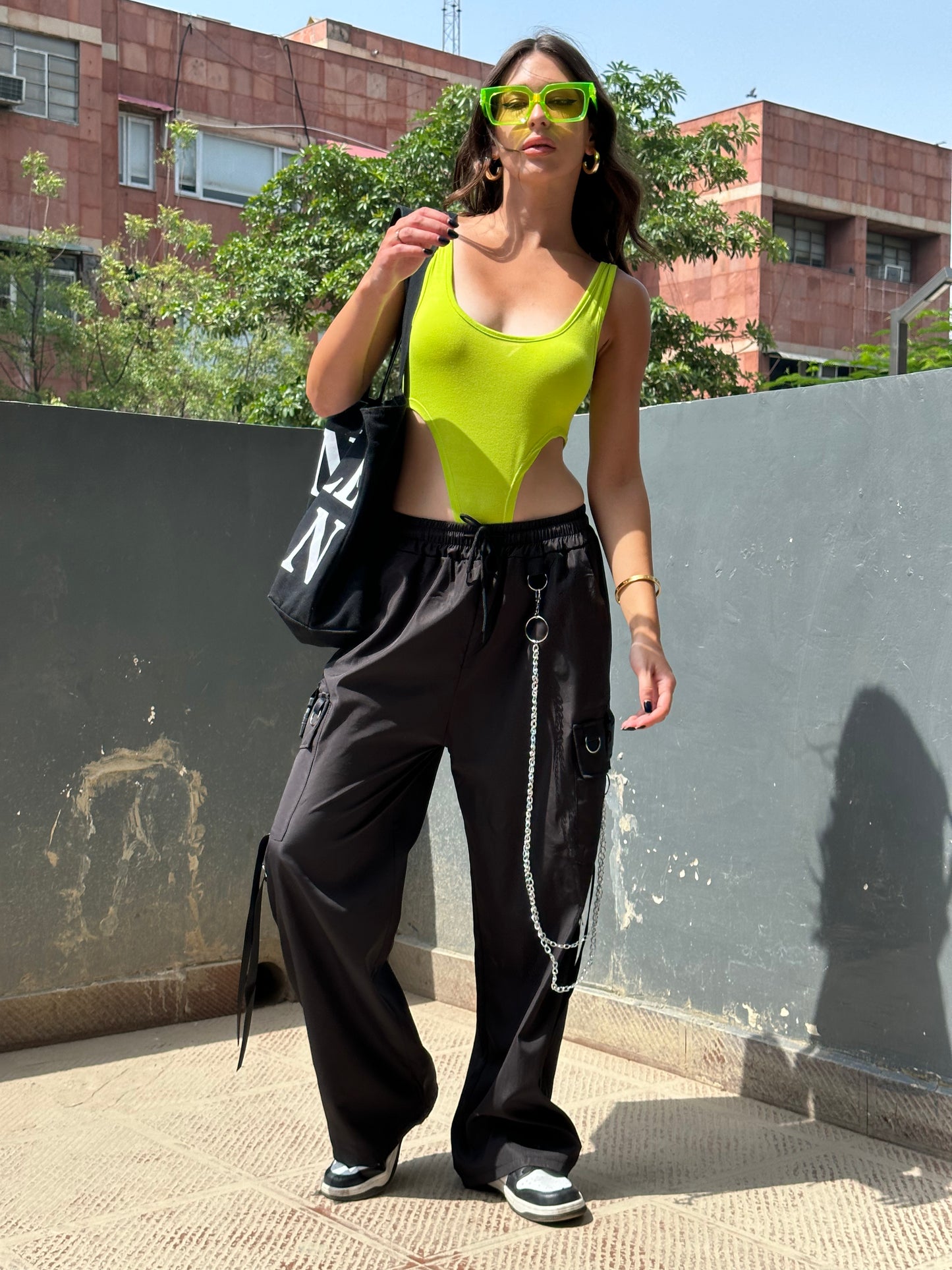 Combo Deal: Neon Green Bodysuit With Chain Cargo Pants