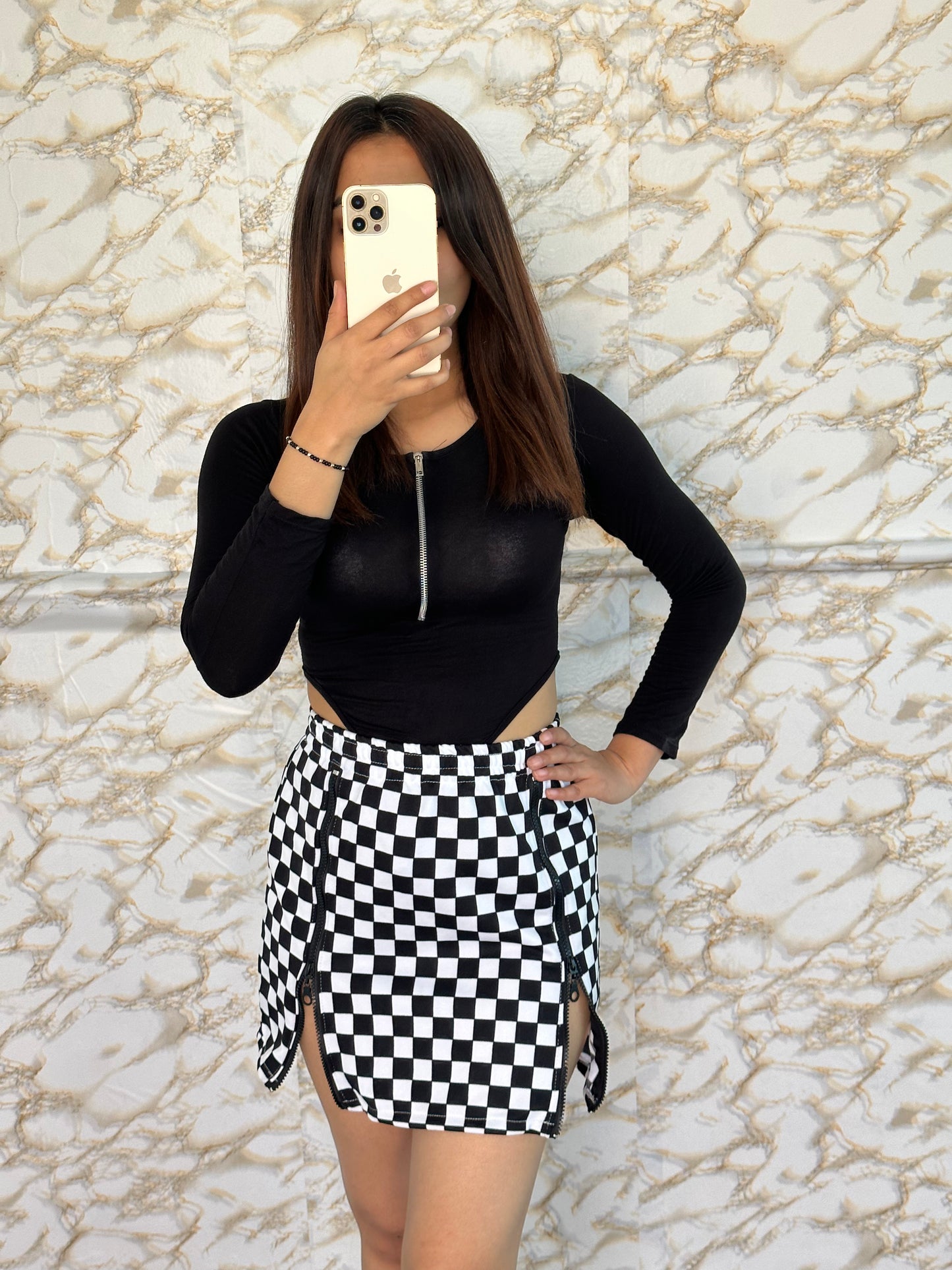 Checkered skirt with clearance zip