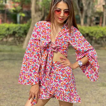 Belled Sleeve Tie-Knot Floral Petite Set